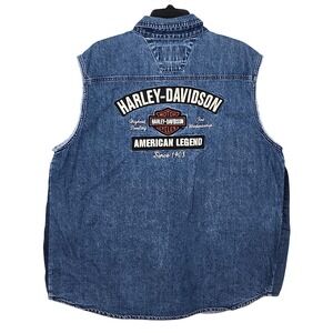 Harley Davidson Blue Jean‎ Snap Up Denim Vest Mens XL Biker Motorcycle Riding